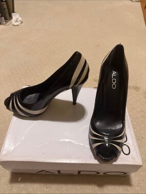 ALDO Black and White Striped Peep-Toe Pumps